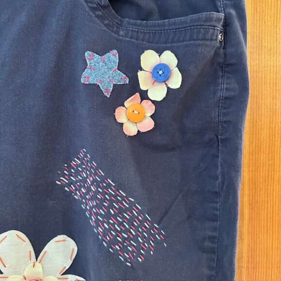 Briggs Cotton Spandex blend Blue Patchwork Recycled Upcycled Capri Pants Size 18 - Picture 8 of 8